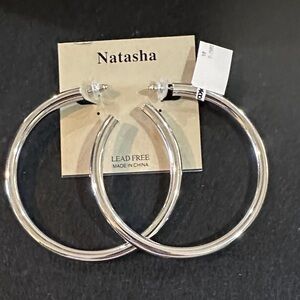Natasha Couture Shiny Silver Tone Hoop Earrings. 3 inch diameter